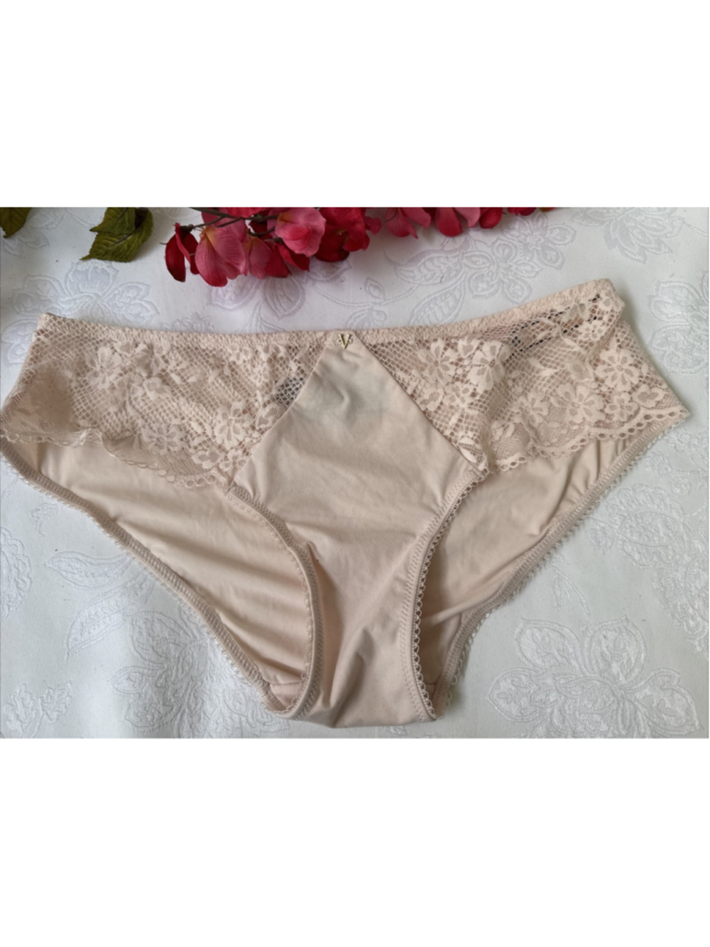 VICTORIA'S SECRET S NUDE CREAM SILKY W LACE PANEL HIPSTER HIPHUGGER PANTIES NWT